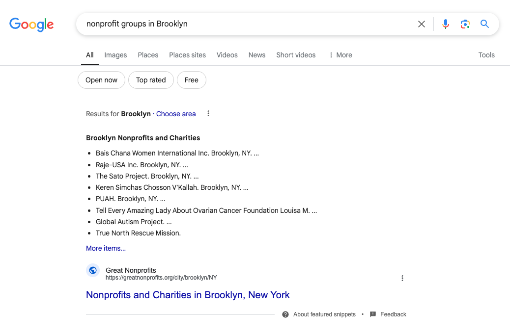 Local search results for the term "nonprofit groups in Brooklyn"